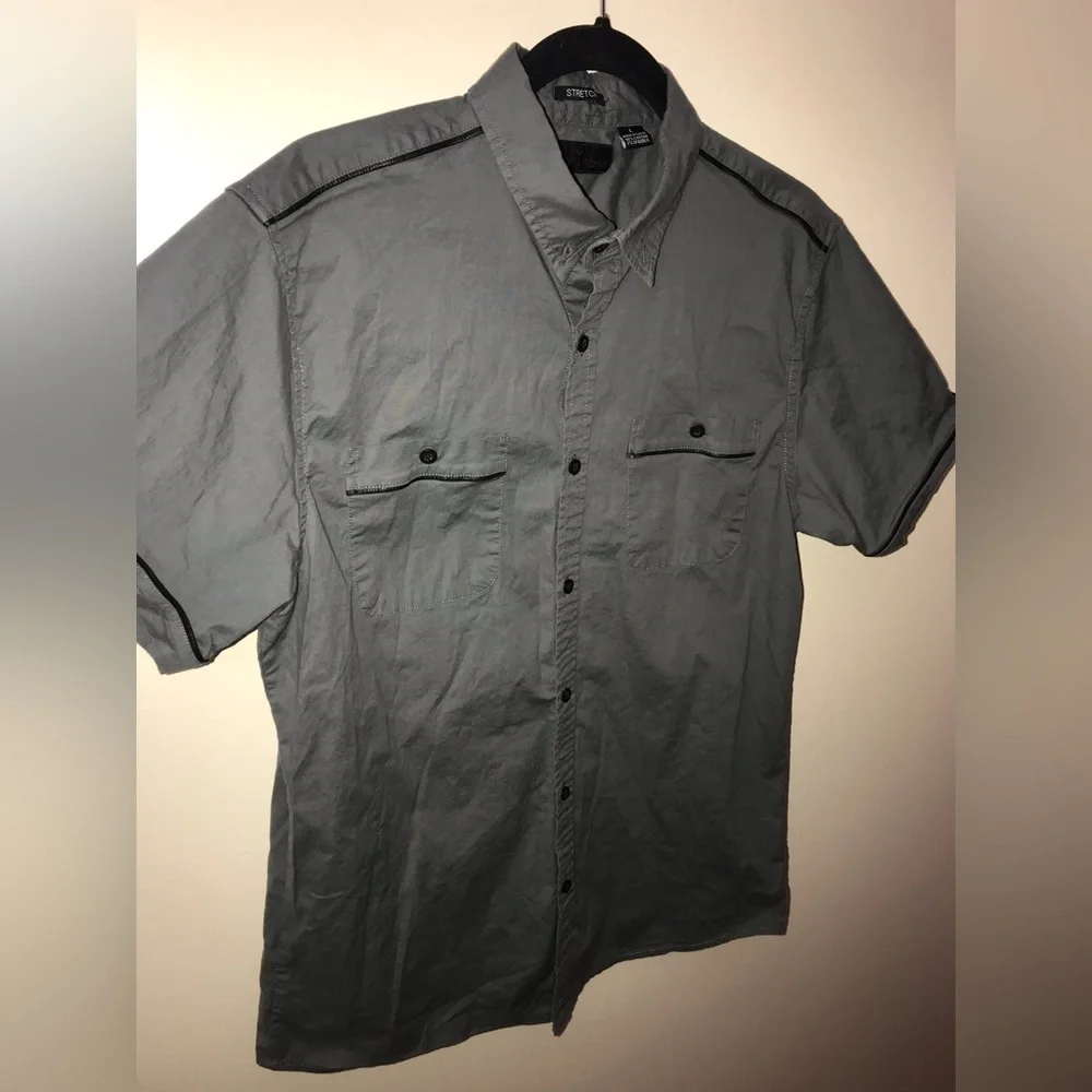 STEVE’S Jeans Mens Cotton Gray Military Style Short Sleeve Button Down Shirt L